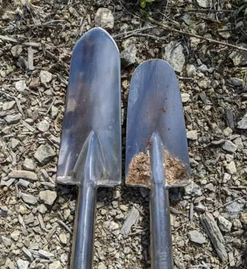Two metal shovels on rocky ground, one with dirt on the blade.