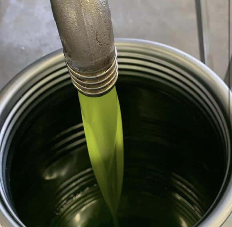 Green liquid flows from a metallic pipe into a container.