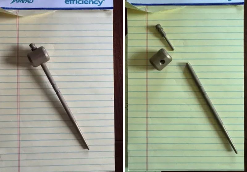Two metal tools and a small metal block on lined paper, labeled 'what is this thing'.