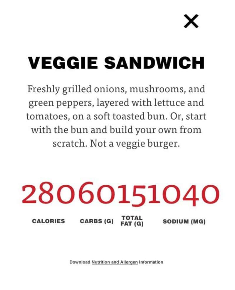 Veggie Sandwich menu with description and nutritional info, including calories and carbs.