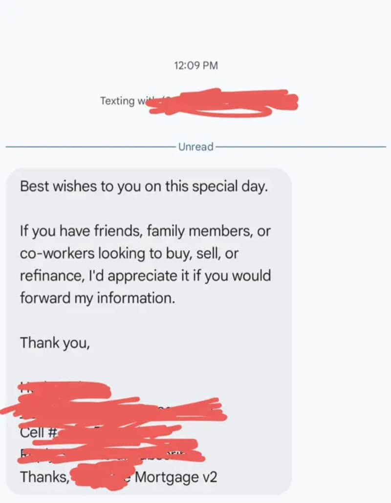 Text message with a holiday greeting and contact info.