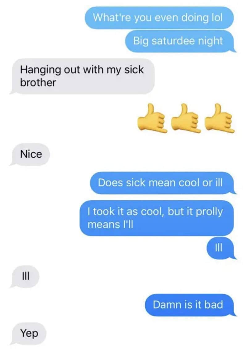 Text conversation about a sick brother and emojis, with a reply about feeling bad.