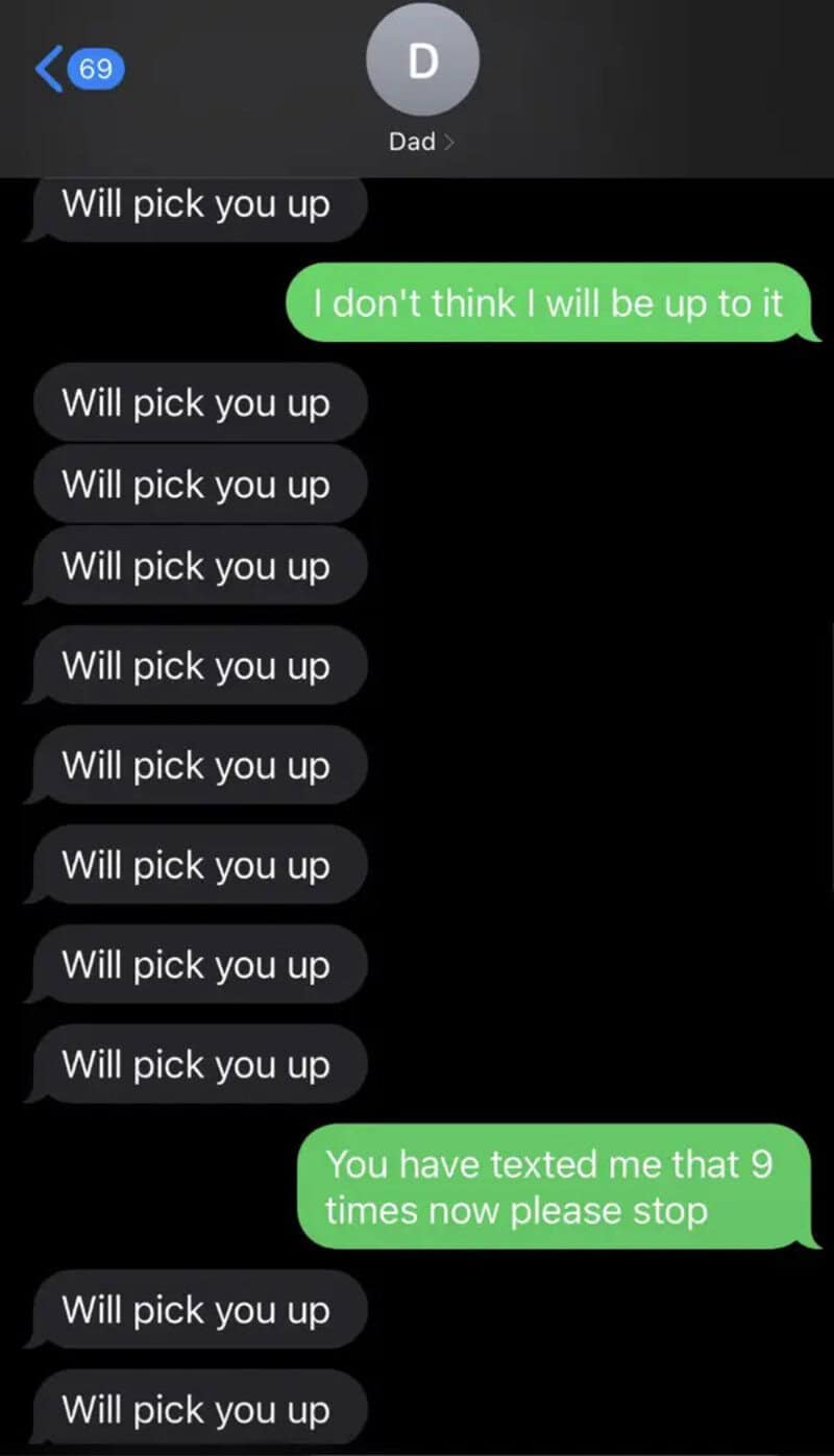 Text message conversation between Dad and child about being picked up.