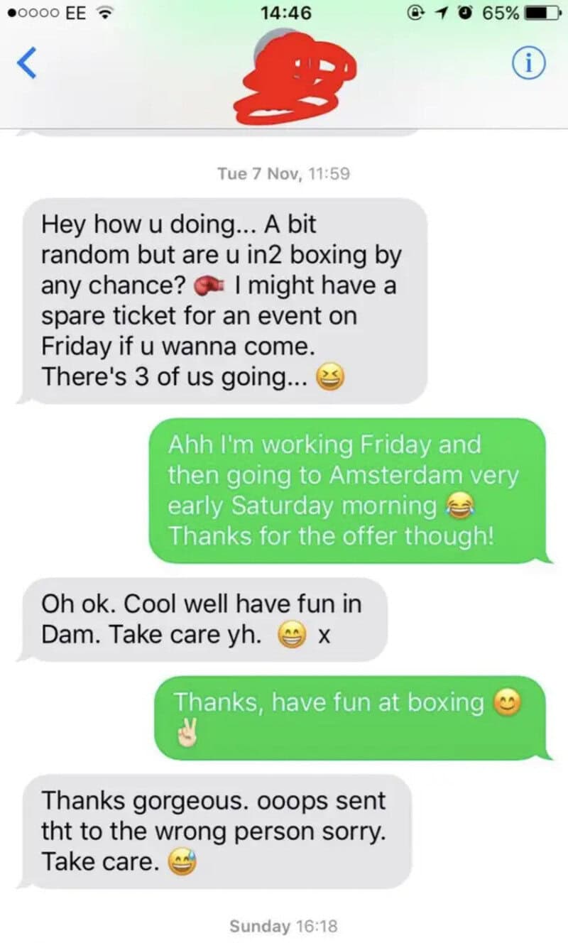 Text message conversation about boxing and travel plans.