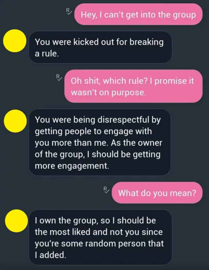 Chat conversation about being kicked out of a group and ownership of the group.