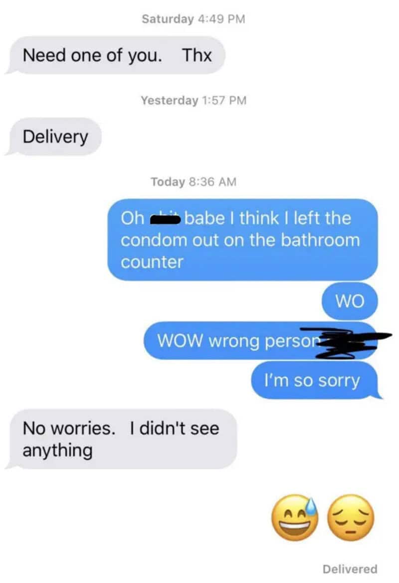 Text message conversation about leaving a condom on the bathroom counter with emojis.