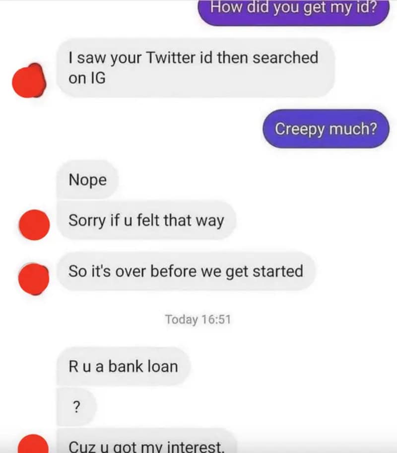 Text conversation about social media and bank loan interest.