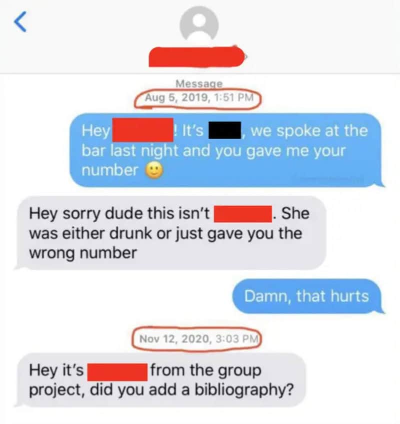 Text message conversation with dates and times, discussing a mistaken phone number and a group.