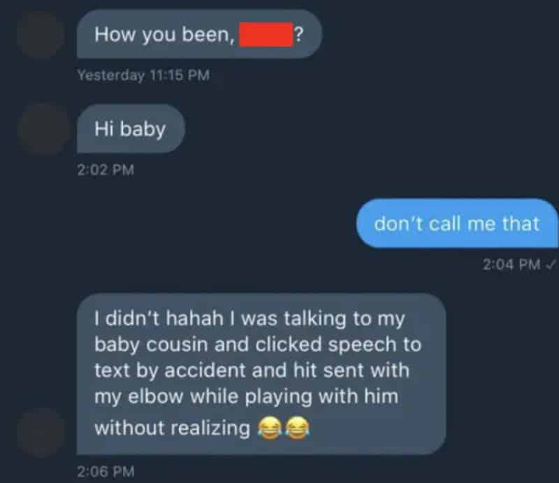 Text message conversation about accidentally sending a speech-to-text message to a baby cousin.