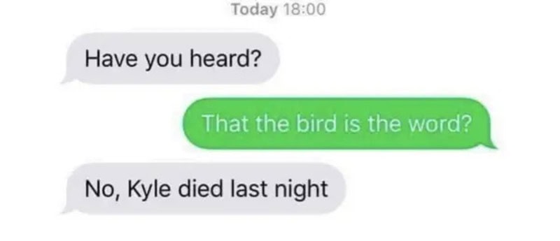 Text message conversation about a bird and Kyle's death.