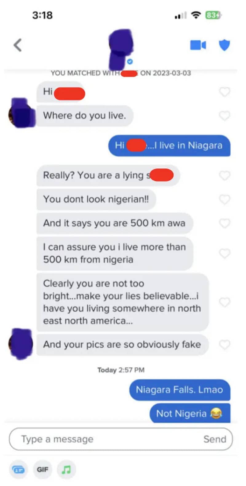 Conversation about living in Nigeria and Niagara Falls, with comments on fake pictures.