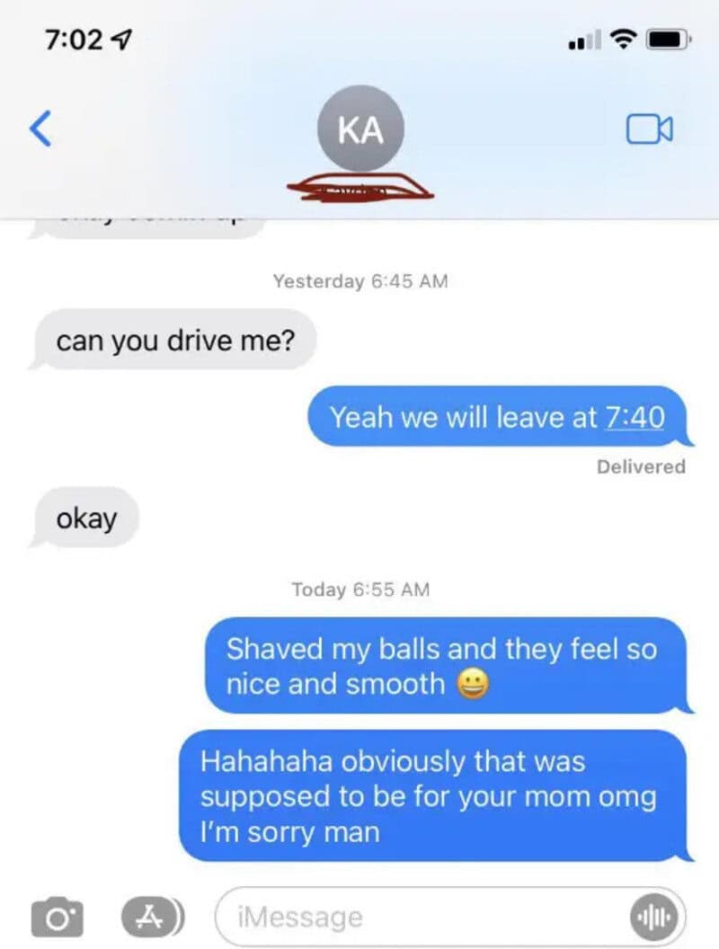 Text message conversation about driving and shaving balls.
