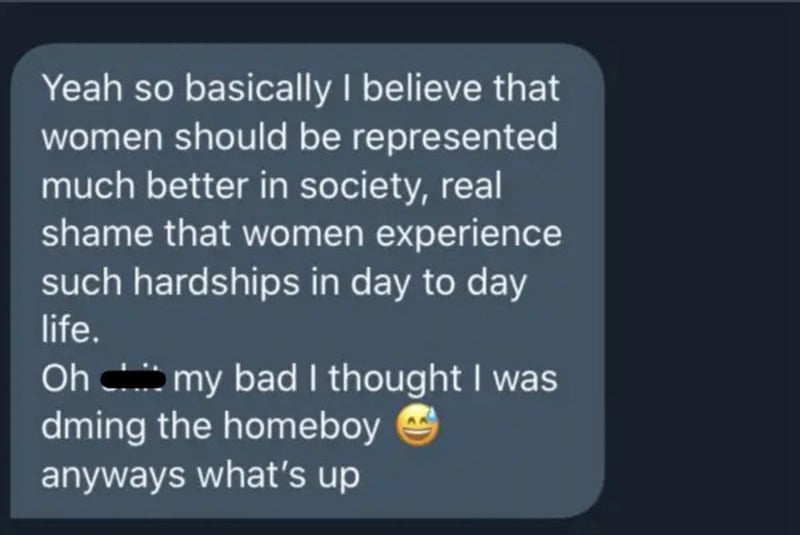 Text message discussing women's representation and hardships, with a humorous remark.
