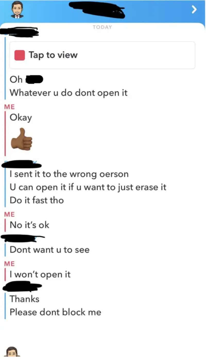 Text conversation about opening and blocking messages, with thumbs up and apologies.