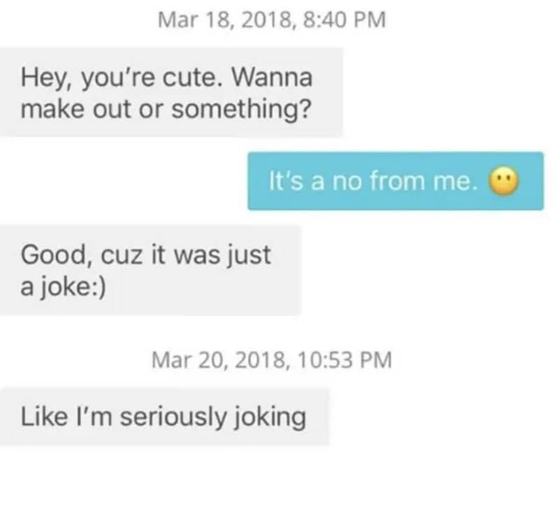 Text message conversation about joking and making out.