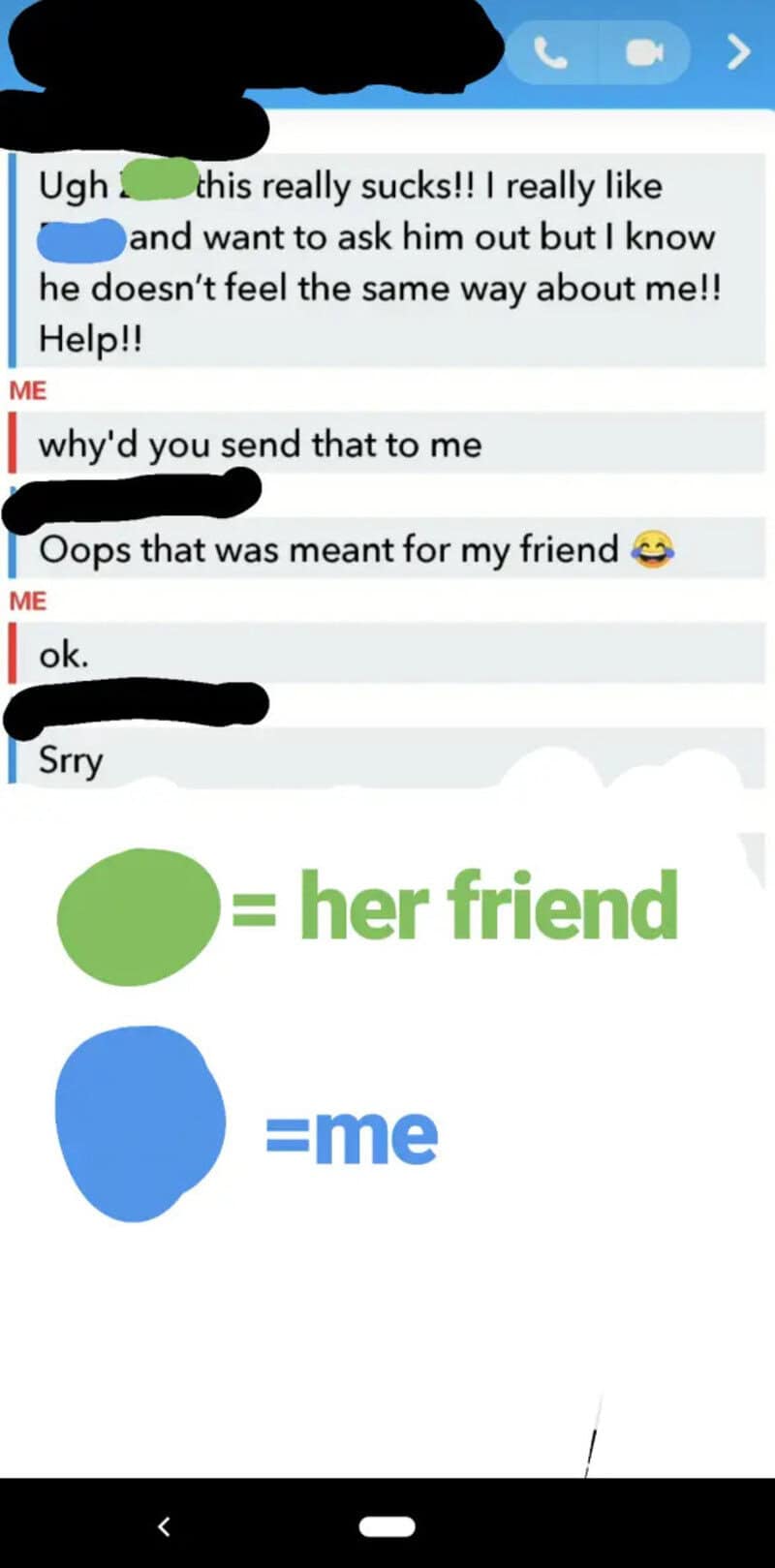 Text message conversation about feelings and friendship, with color-coded labels.