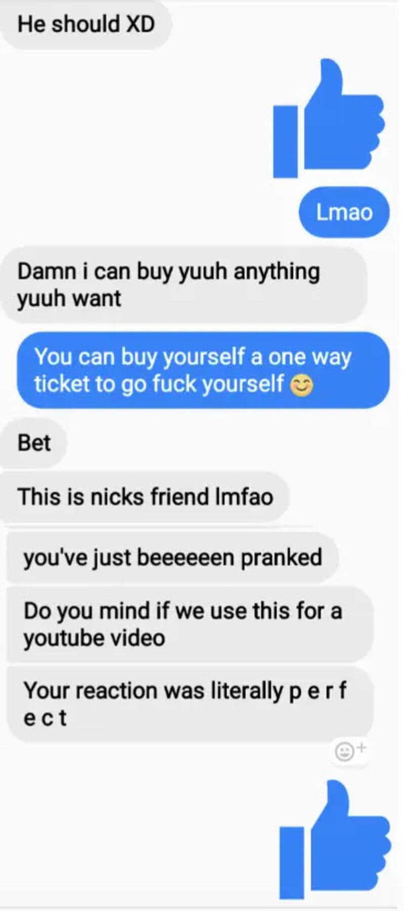 Screenshot of a chat conversation with thumbs-up emojis and humorous messages.
