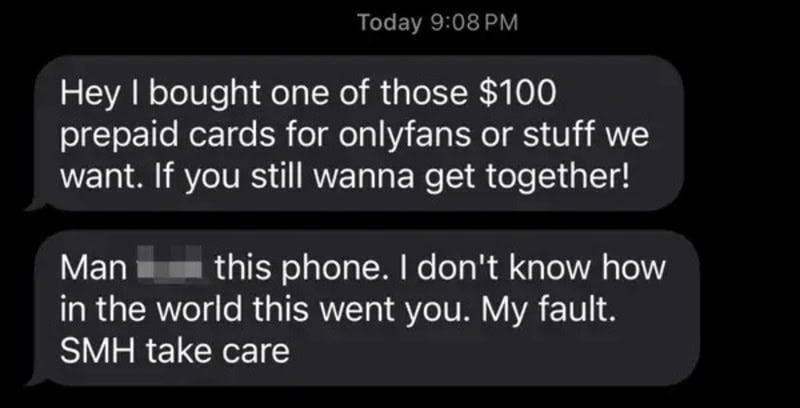 Text message conversation about prepaid cards and a phone issue.