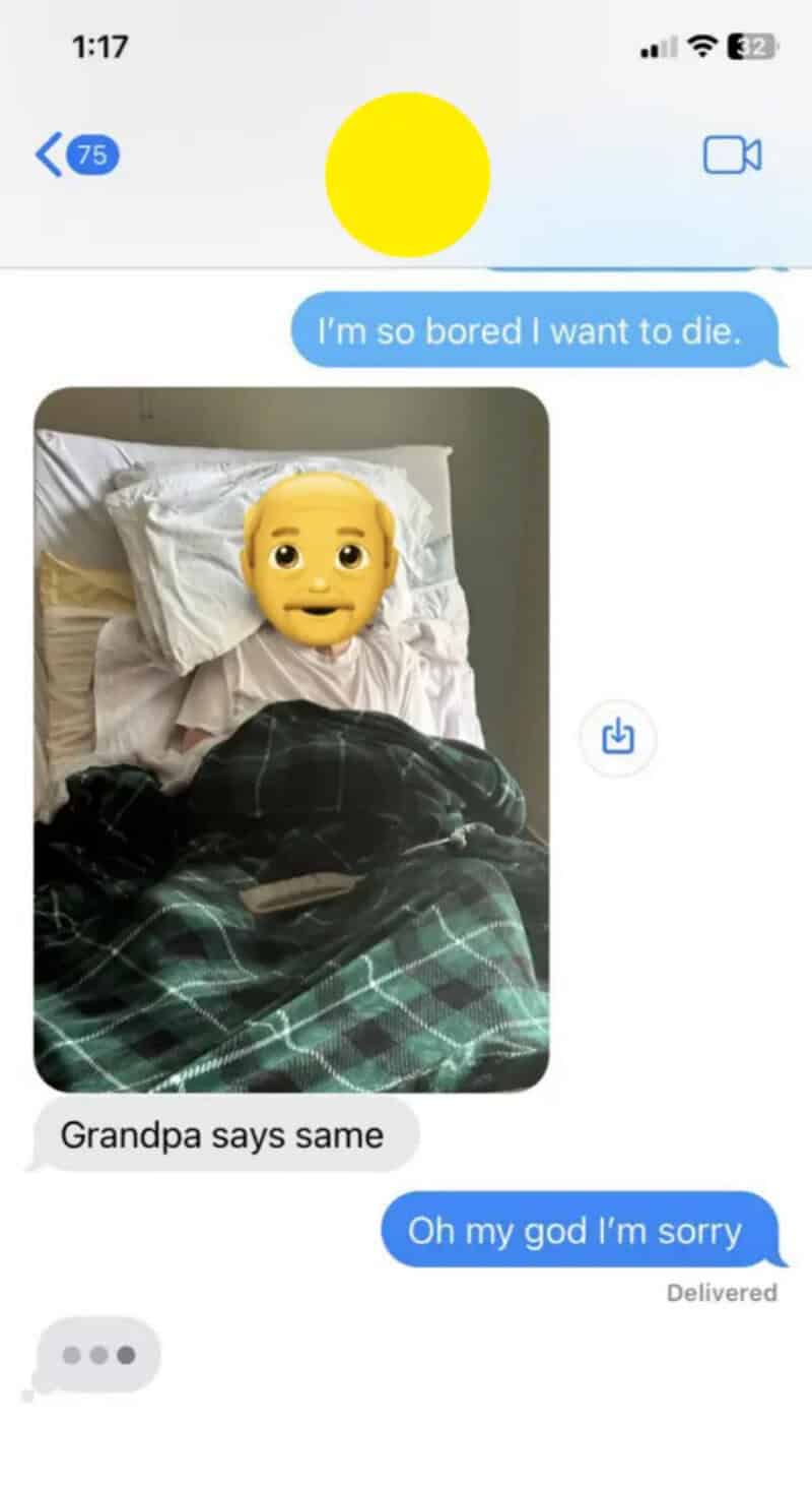 Text conversation with a person in bed, emoji face, and a message about boredom and death.