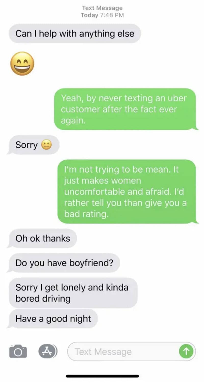 Text message conversation about Uber, feelings, and relationships.