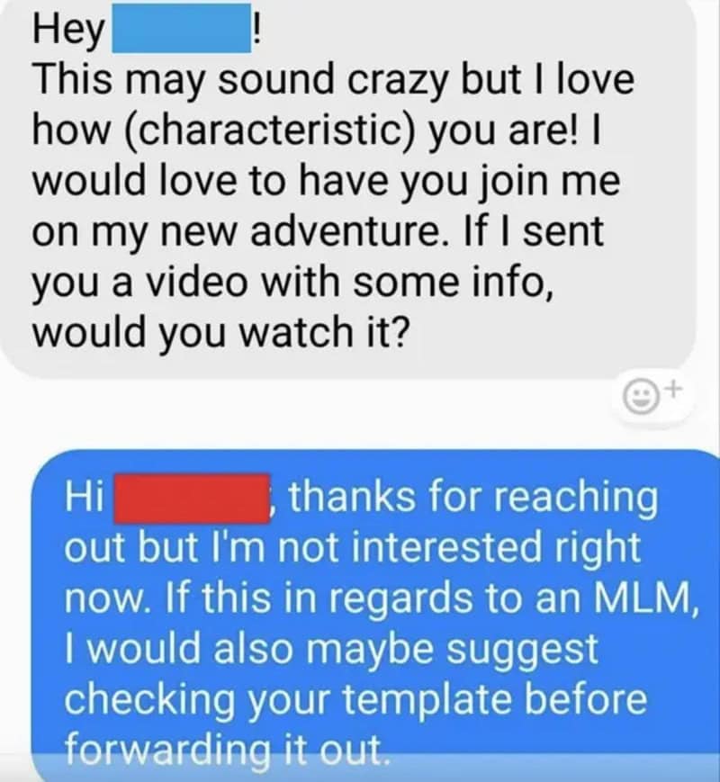 Text conversation about love, adventure, and MLM suggestions.