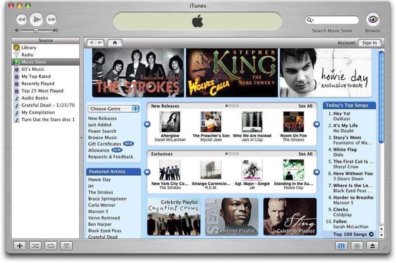 Screenshot of iTunes Store interface featuring The Strokes, Wolfmother, and Stephen King related art.