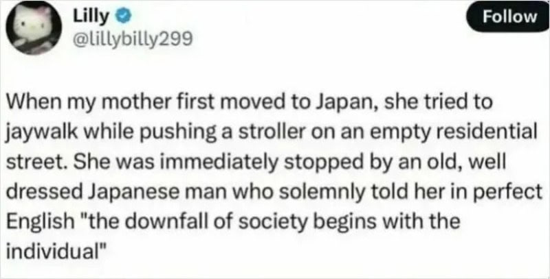 A tweet by Lilly about her mother in Japan and a Japanese man.