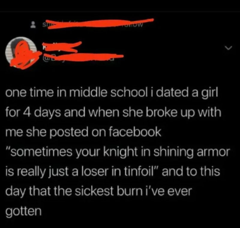 A social media post about a middle school relationship and a humorous quote.