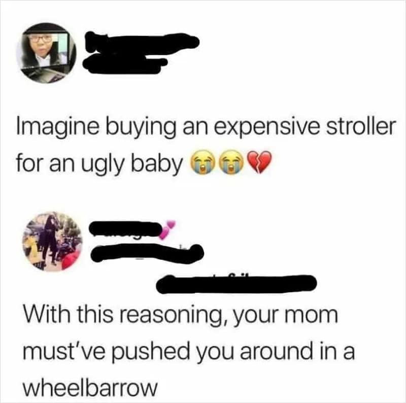 Social media post about buying an expensive stroller for an ugly baby and a sarcastic reply.