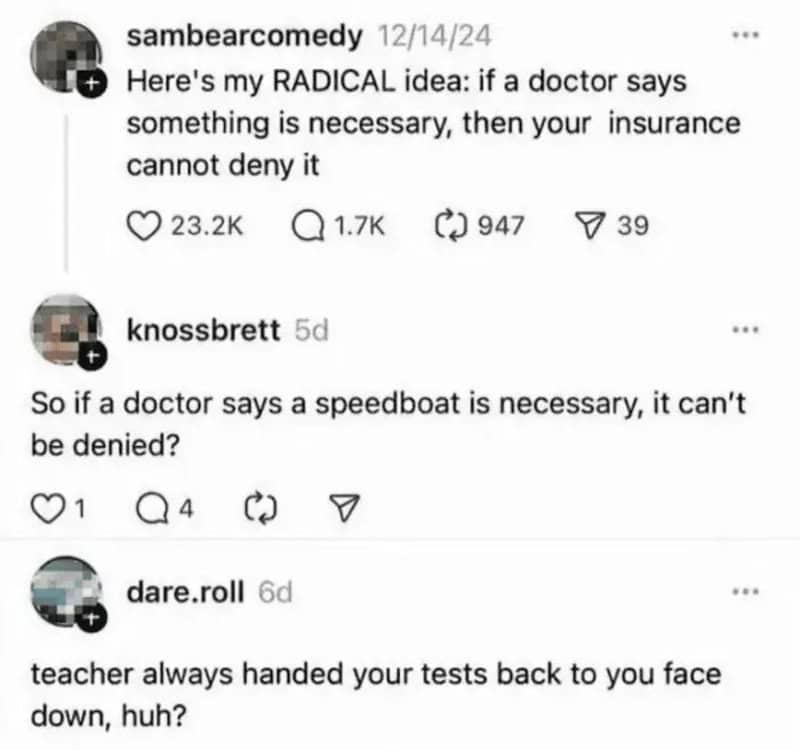 Social media comments about doctors and tests, with humorous tone.