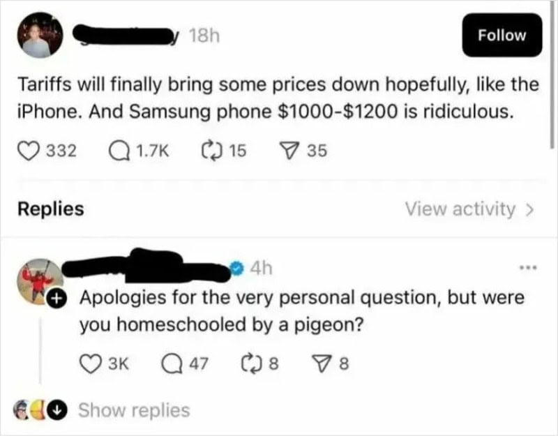 Social media comment about phone prices and a reply about homeschooling by a pigeon.