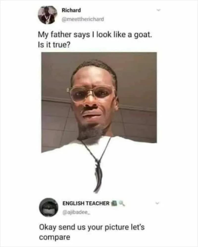 A man with glasses and a goatee looks confused, with a tweet about looking like a goat.
