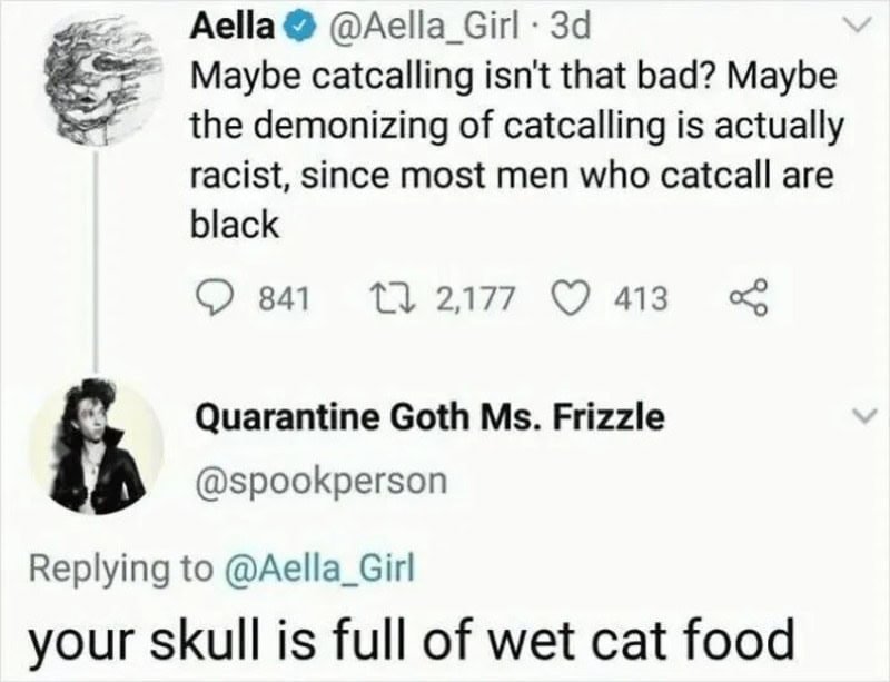 Twitter exchange about catcalling and race, with a reply about wet cat food.