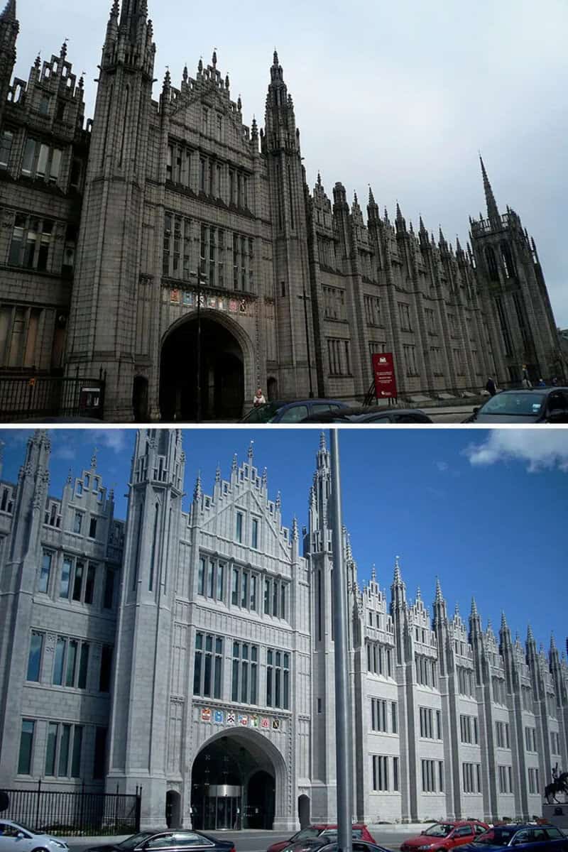Before and after power washing of a historic building's facade.