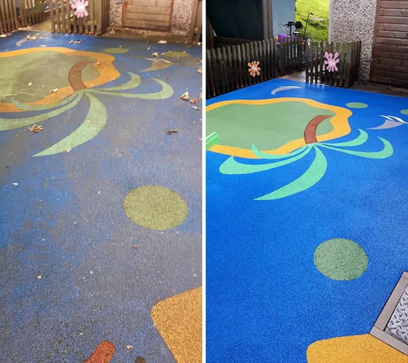 Before and after power washing of a colorful playground surface with a horse design.