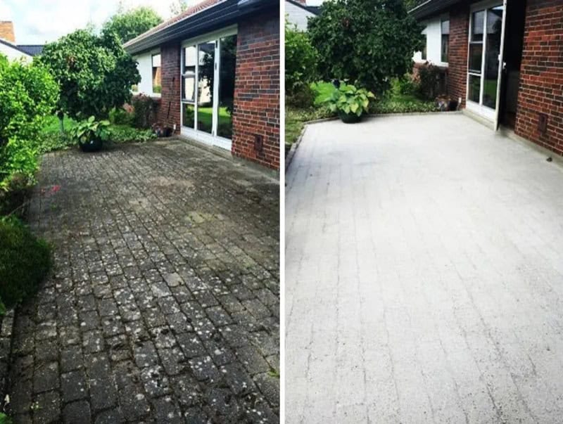 Before and after power washing of patio, showing dirty and clean surfaces.