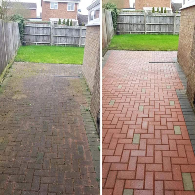 Before and after power washing of a brick patio in a backyard.