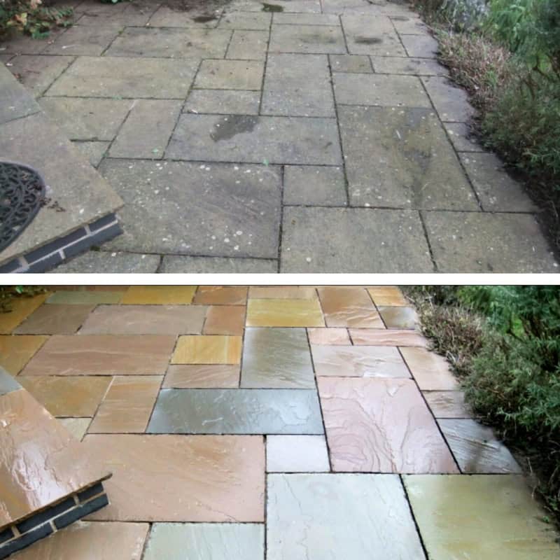 Before and after power washing of a stone patio, showing dirt removal and cleaning.