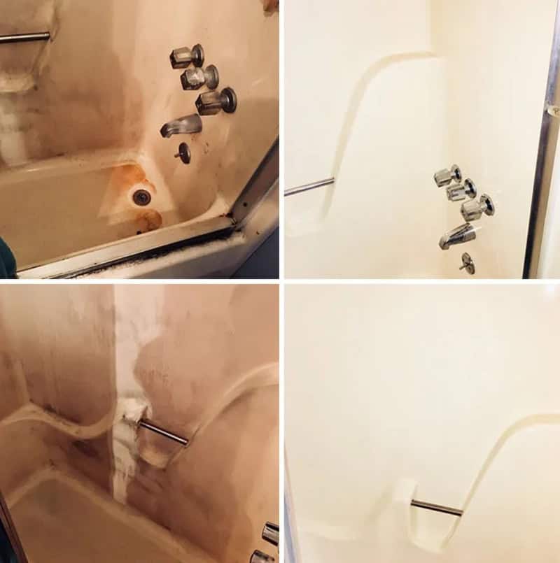 Before and after power washing of a bathroom wall and fixtures.