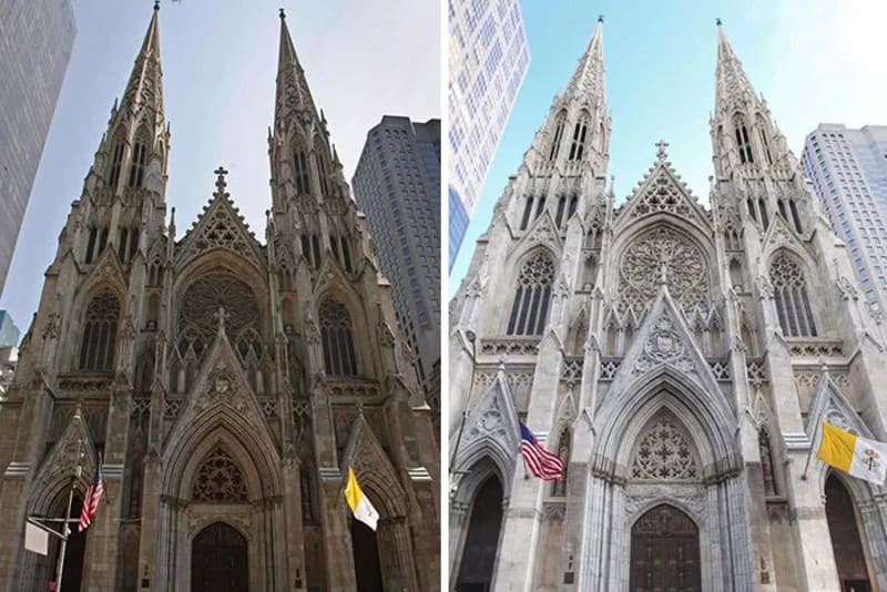 Before and after power washing of a Gothic cathedral's facade.
