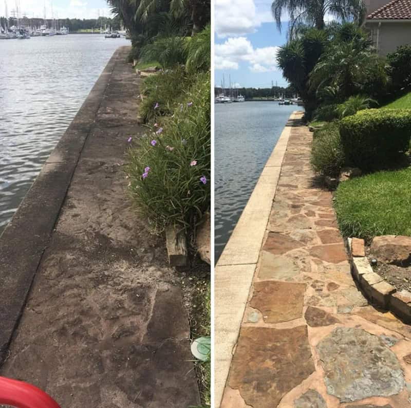Side-by-side comparison of a dirty and cleaned waterfront walkway.