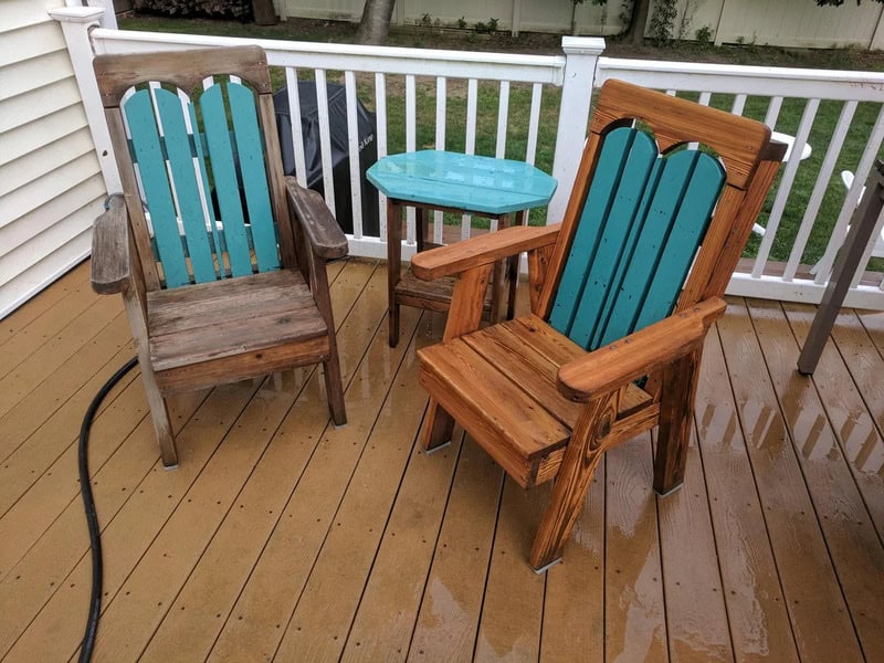 Before and after power washing of wooden chairs and table on a deck.