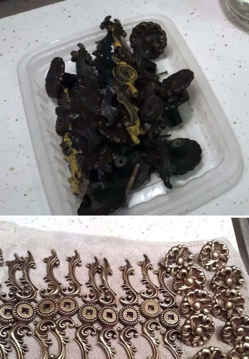 Before and after power washing cleaning pictures of metal and organic materials.