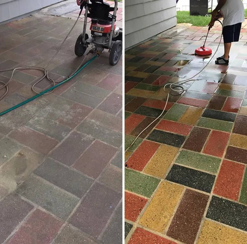 Before and after power washing of a multicolored brick patio.