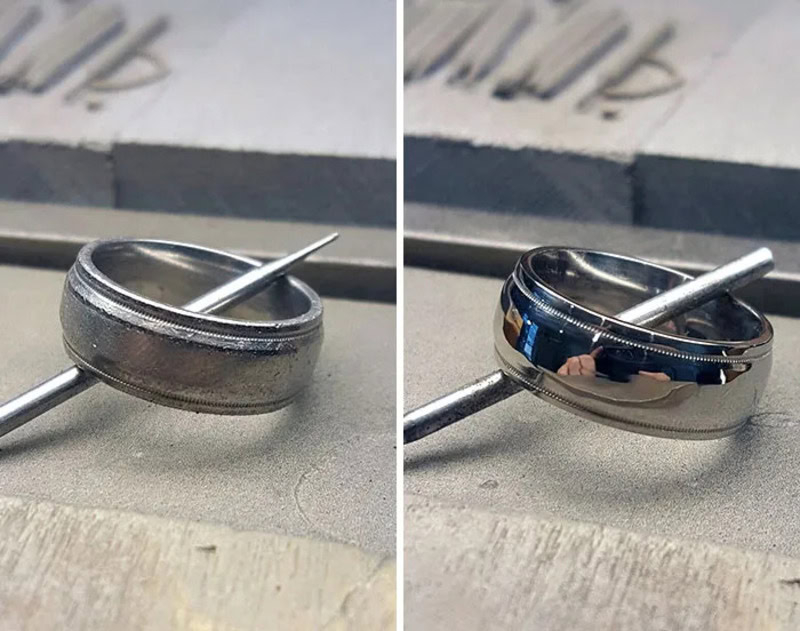Before and after power washing of a ring, showing a shiny, clean ring after cleaning.