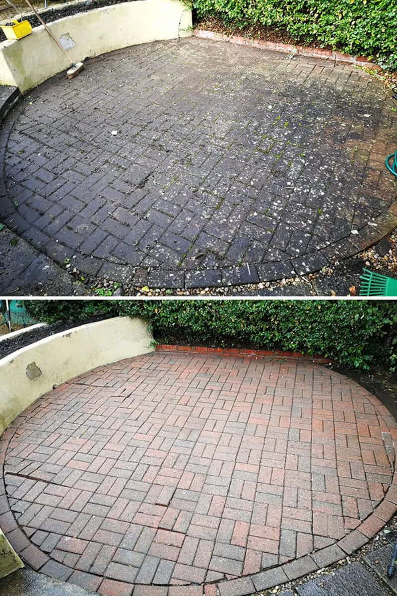 Before and after power washing of a brick patio, showing significant cleaning.