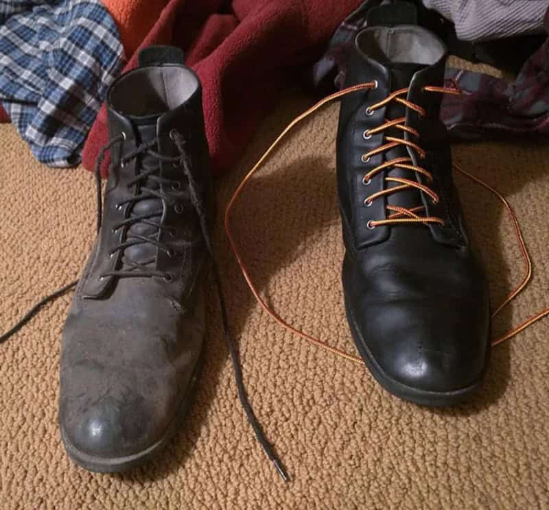 Before and after power washing of black boots, showing significant cleaning difference.