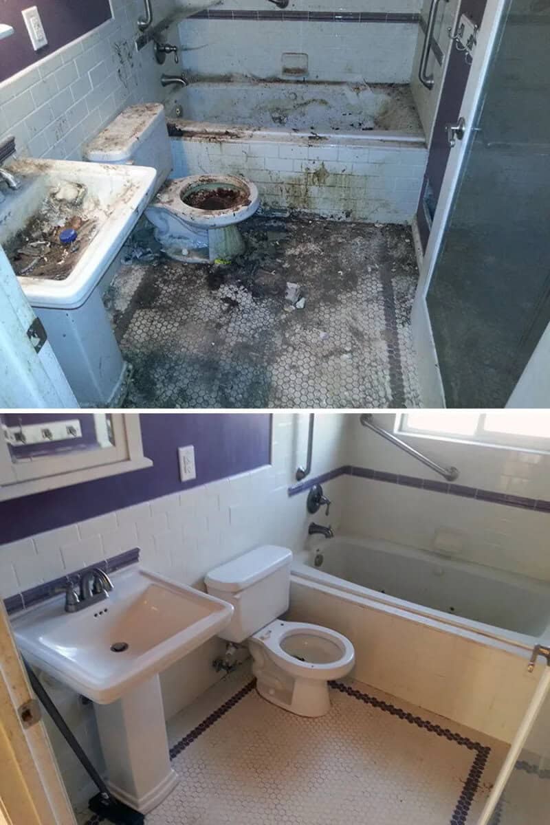 Before and after power washing bathroom cleaning pictures.