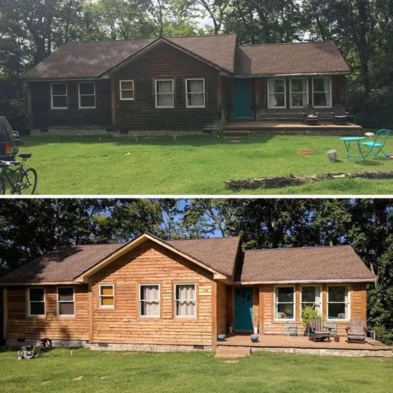 Before and after power washing of a house, showing a significant cleaning difference.