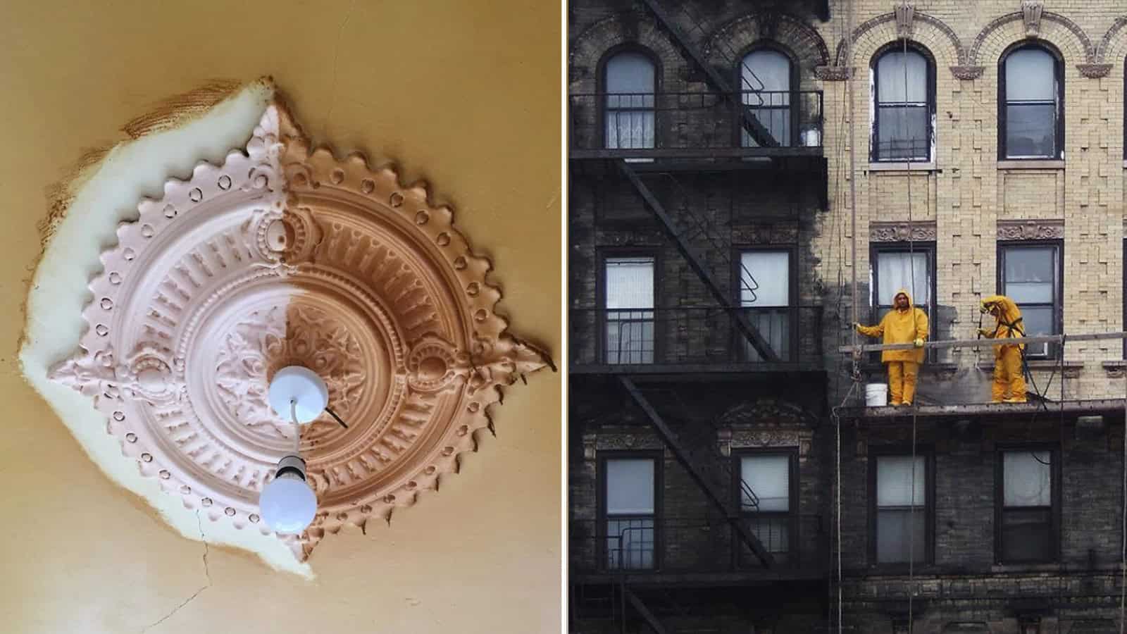 Ceiling light fixture with ornate design, partially damaged with torn ceiling.